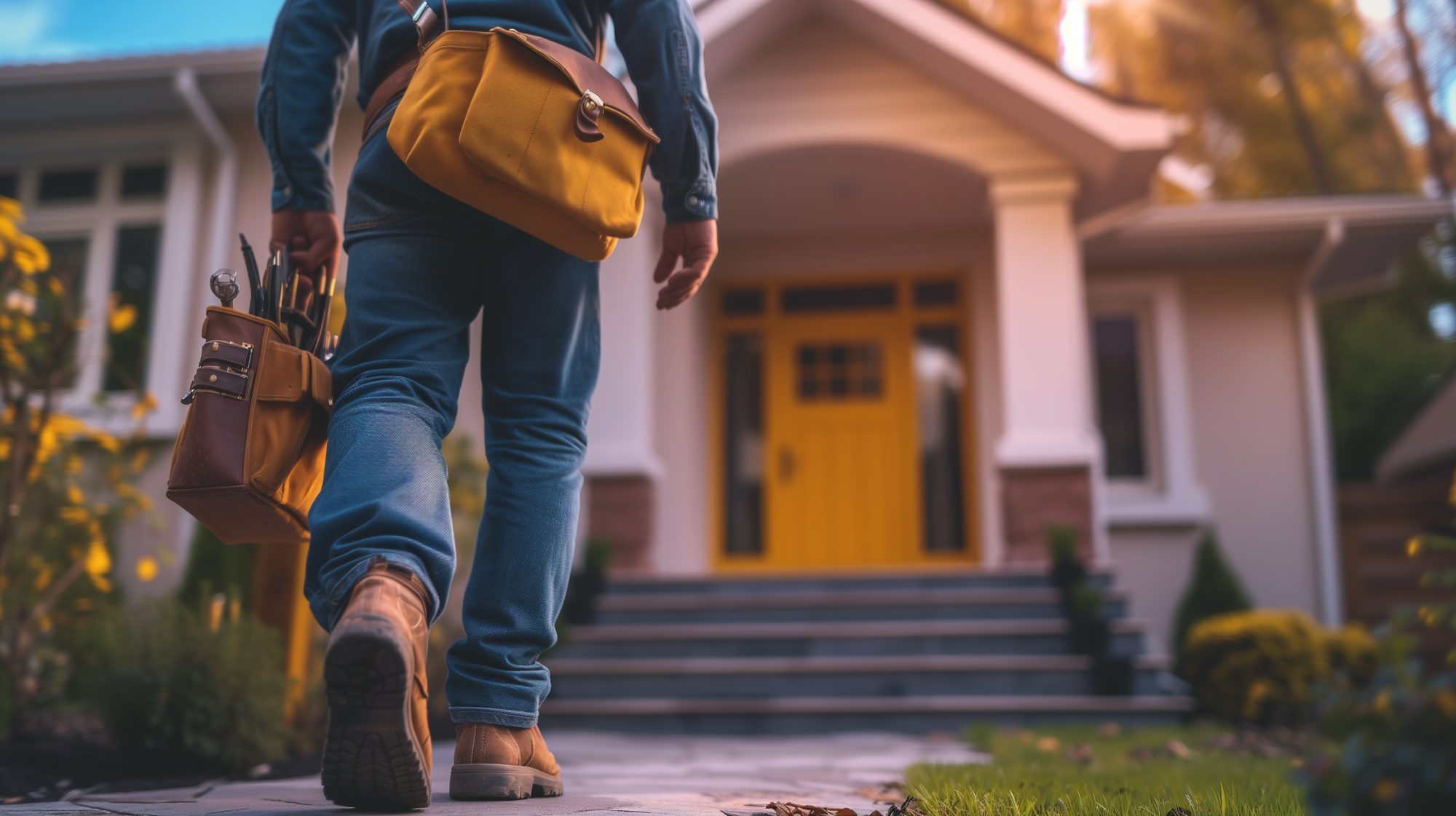 Worker in jeans and yellow backpack walking toward pink house with yellow door