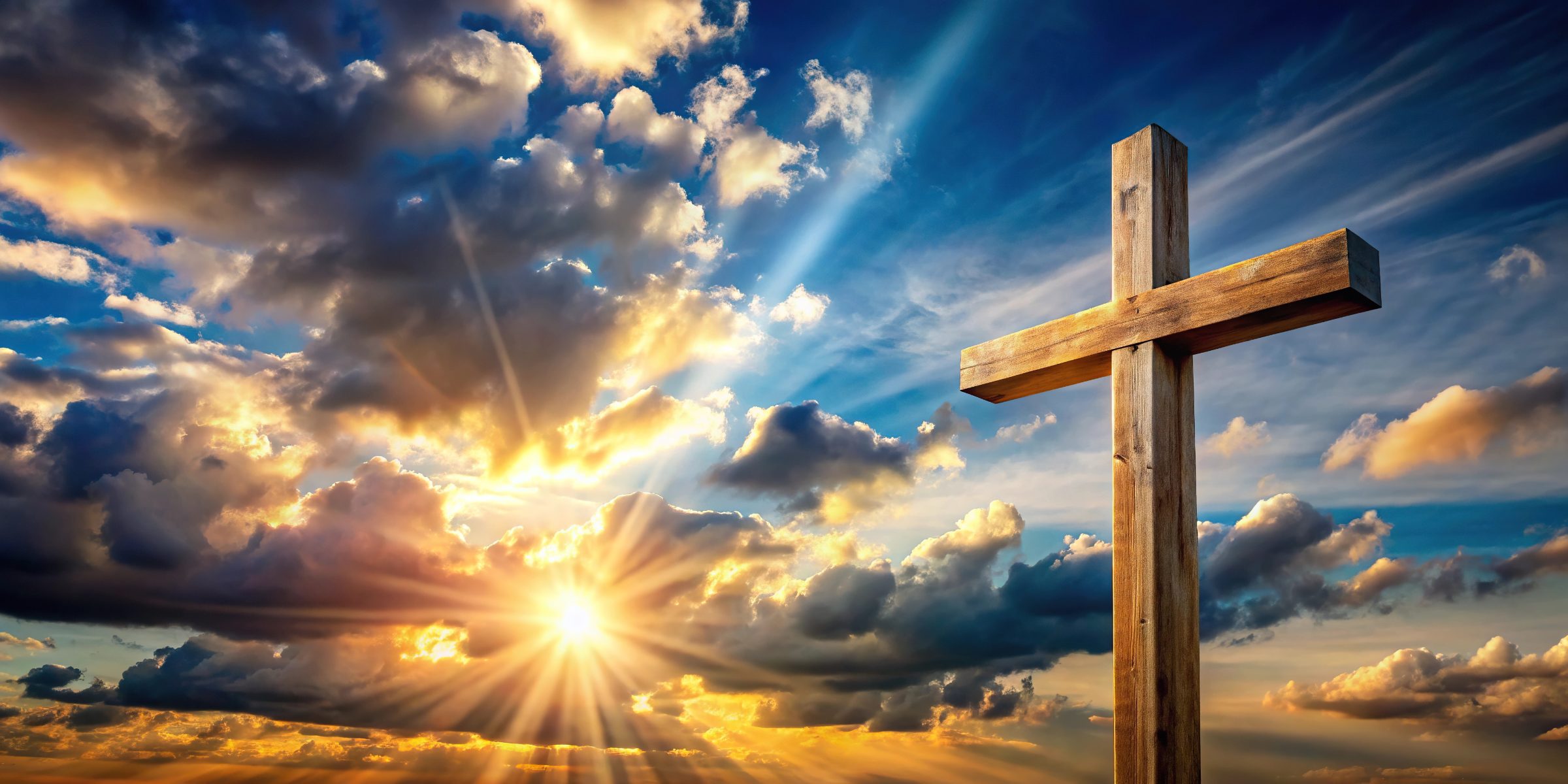 Wooden cross silhouetted against dramatic sunset sky with golden clouds and sun rays