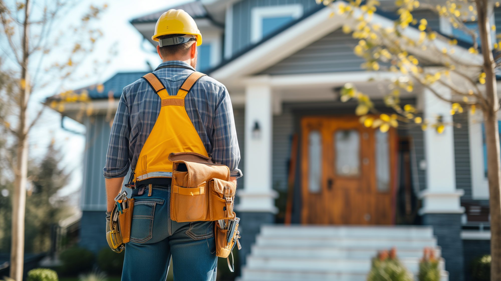 Construction worker in yellow hard hat and tool belt standing in front of residential house
