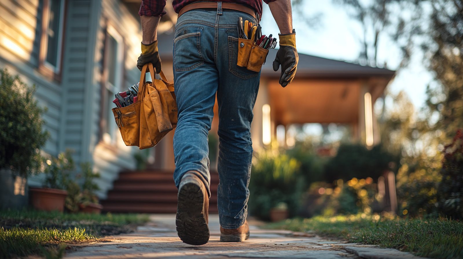 Construction worker carrying toolbag walking toward residential building