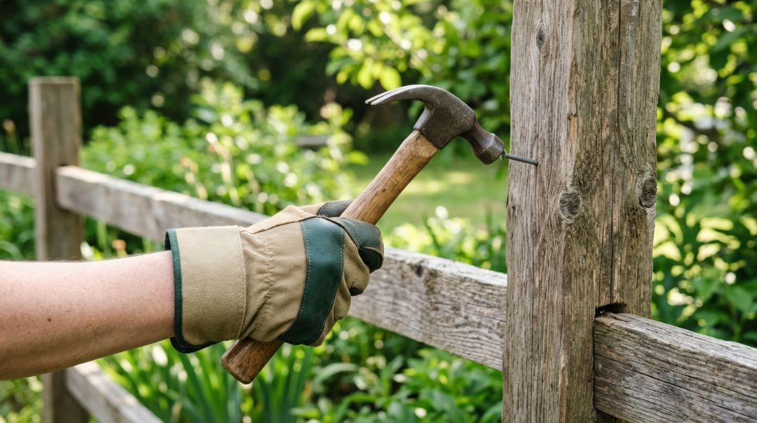 Worker in protective gloves holding claw hammer against wooden fence post